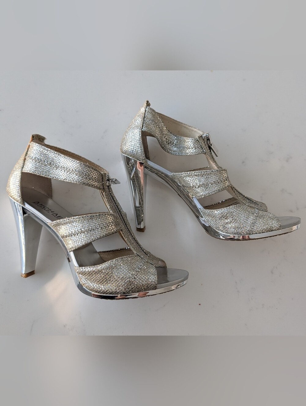 Silver And Gold Metallic Strappy High Heel Sandals - Picture 2 of 12